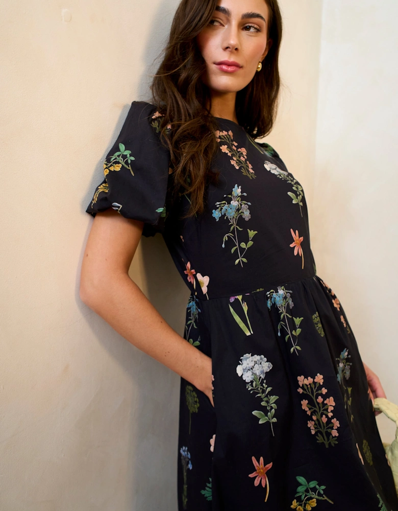 Navy Cotton Floral Print Puff Ball Midi Dress