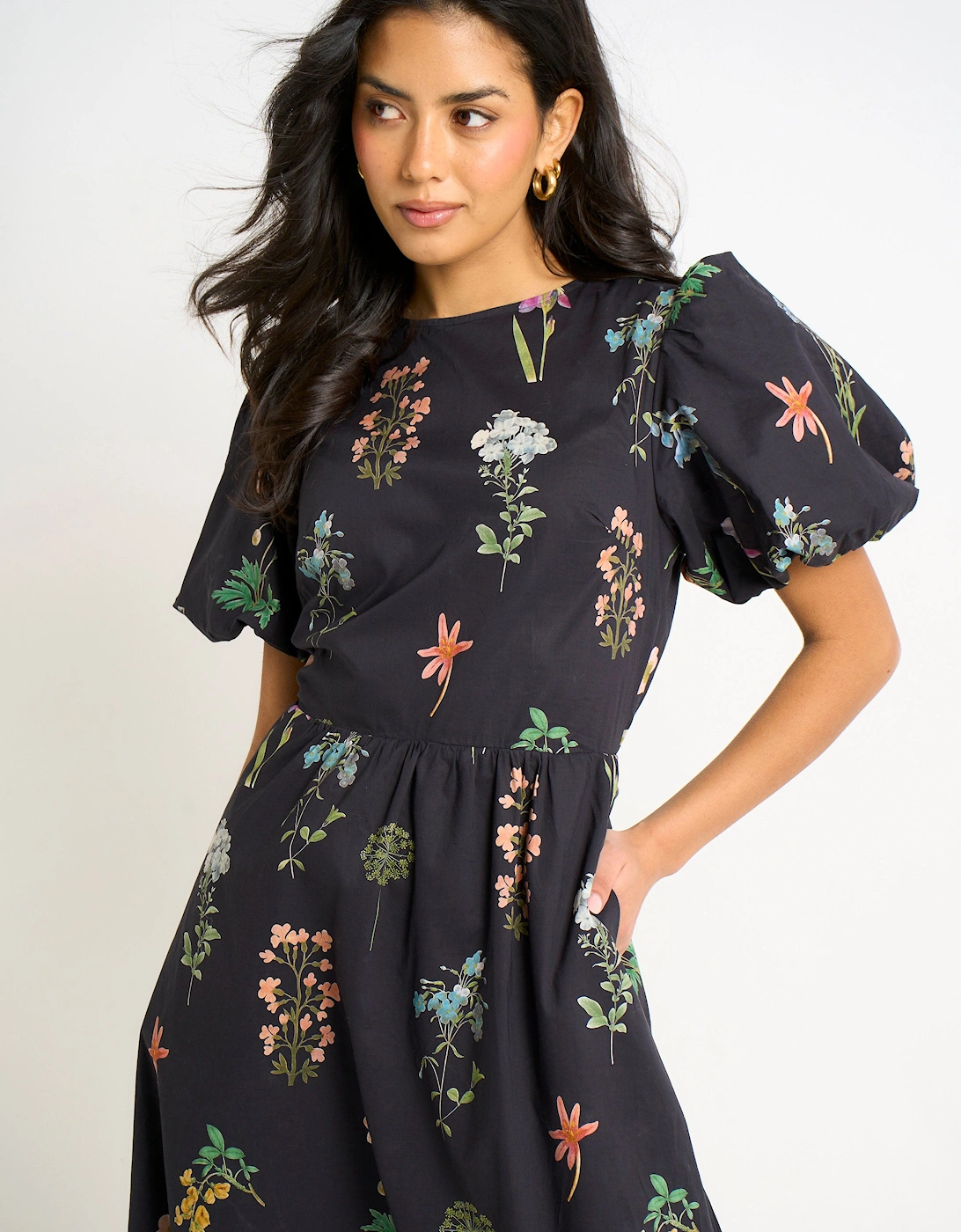 Navy Cotton Floral Print Puff Ball Midi Dress