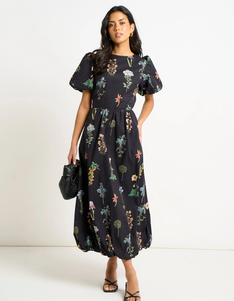 Navy Cotton Floral Print Puff Ball Midi Dress