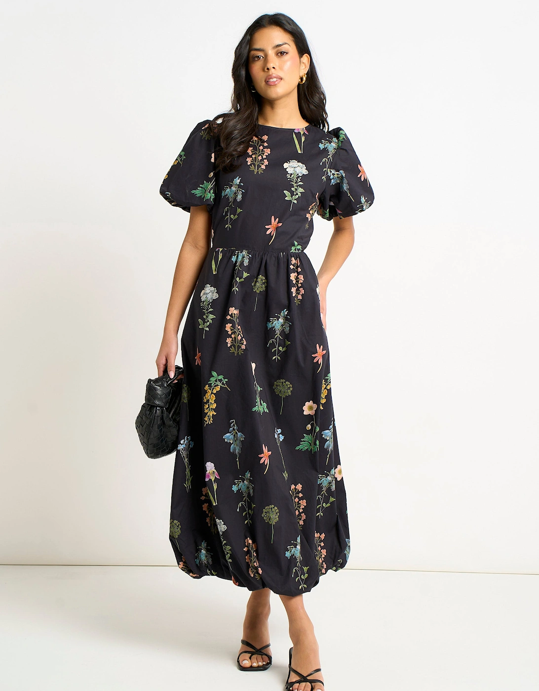 Navy Cotton Floral Print Puff Ball Midi Dress