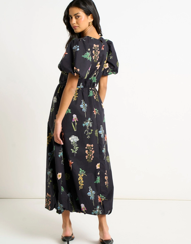 Navy Cotton Floral Print Puff Ball Midi Dress