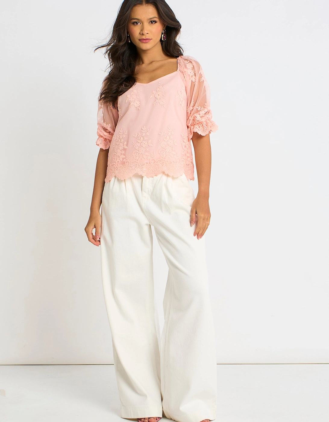 Pink Embroidered Lace Scallop Blouse