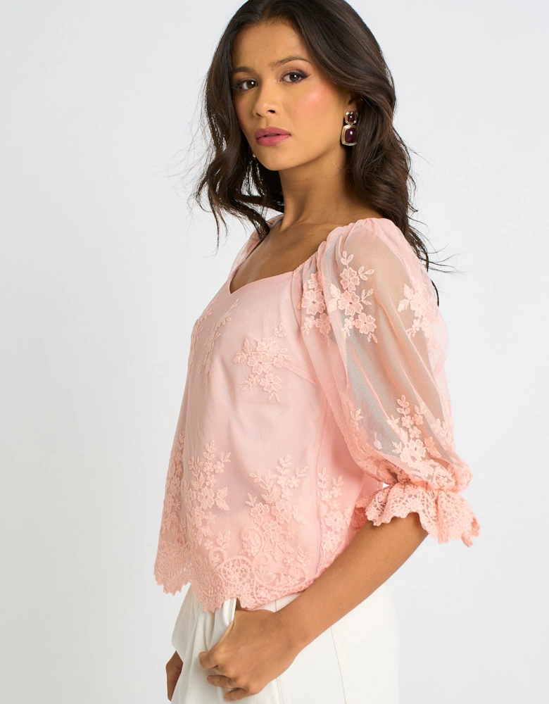 Pink Embroidered Lace Scallop Blouse