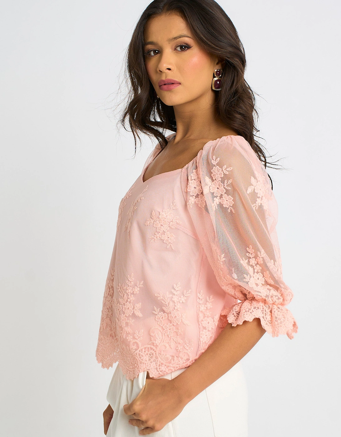 Pink Embroidered Lace Scallop Blouse