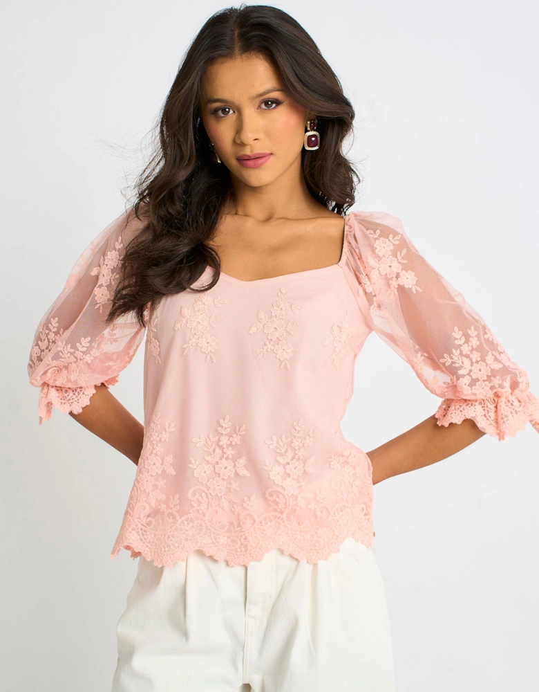 Pink Embroidered Lace Scallop Blouse