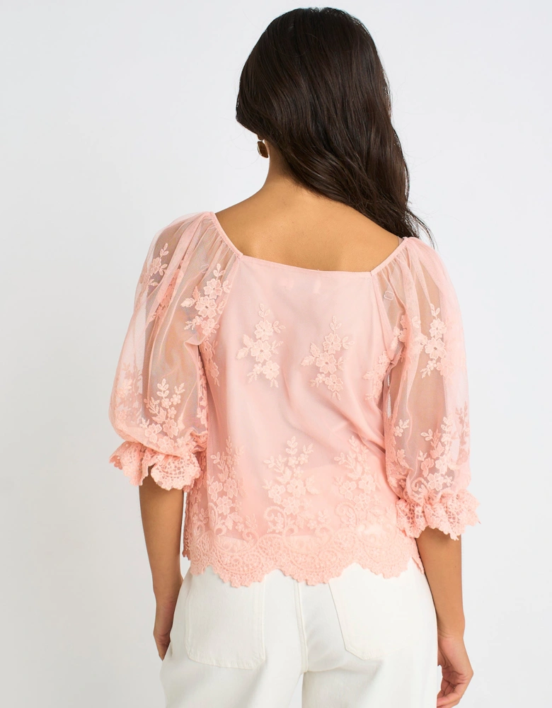 Pink Embroidered Lace Scallop Blouse