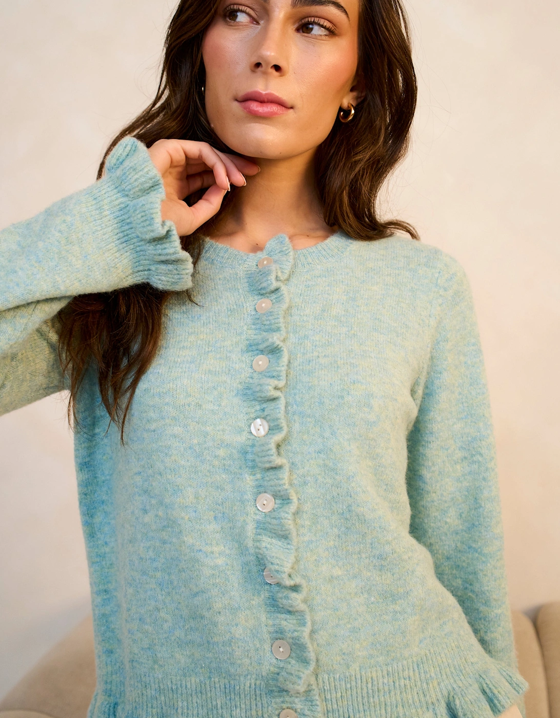 Green Long Sleeve Ruffle Front Cardigan