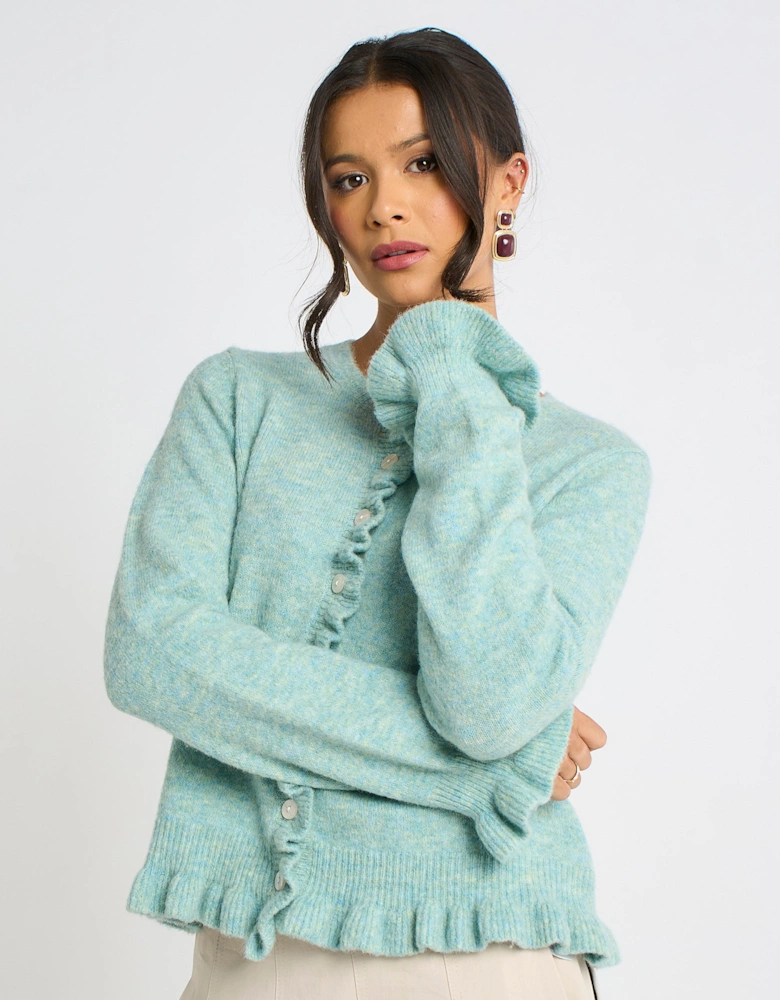 Green Long Sleeve Ruffle Front Cardigan