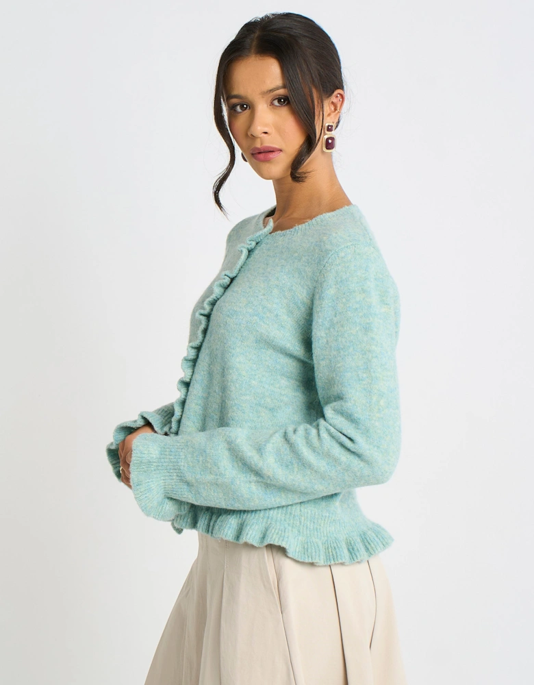 Green Long Sleeve Ruffle Front Cardigan