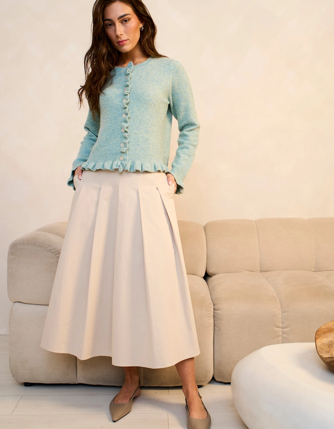 Green Long Sleeve Ruffle Front Cardigan