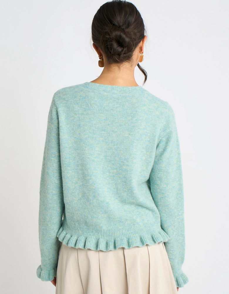 Green Long Sleeve Ruffle Front Cardigan