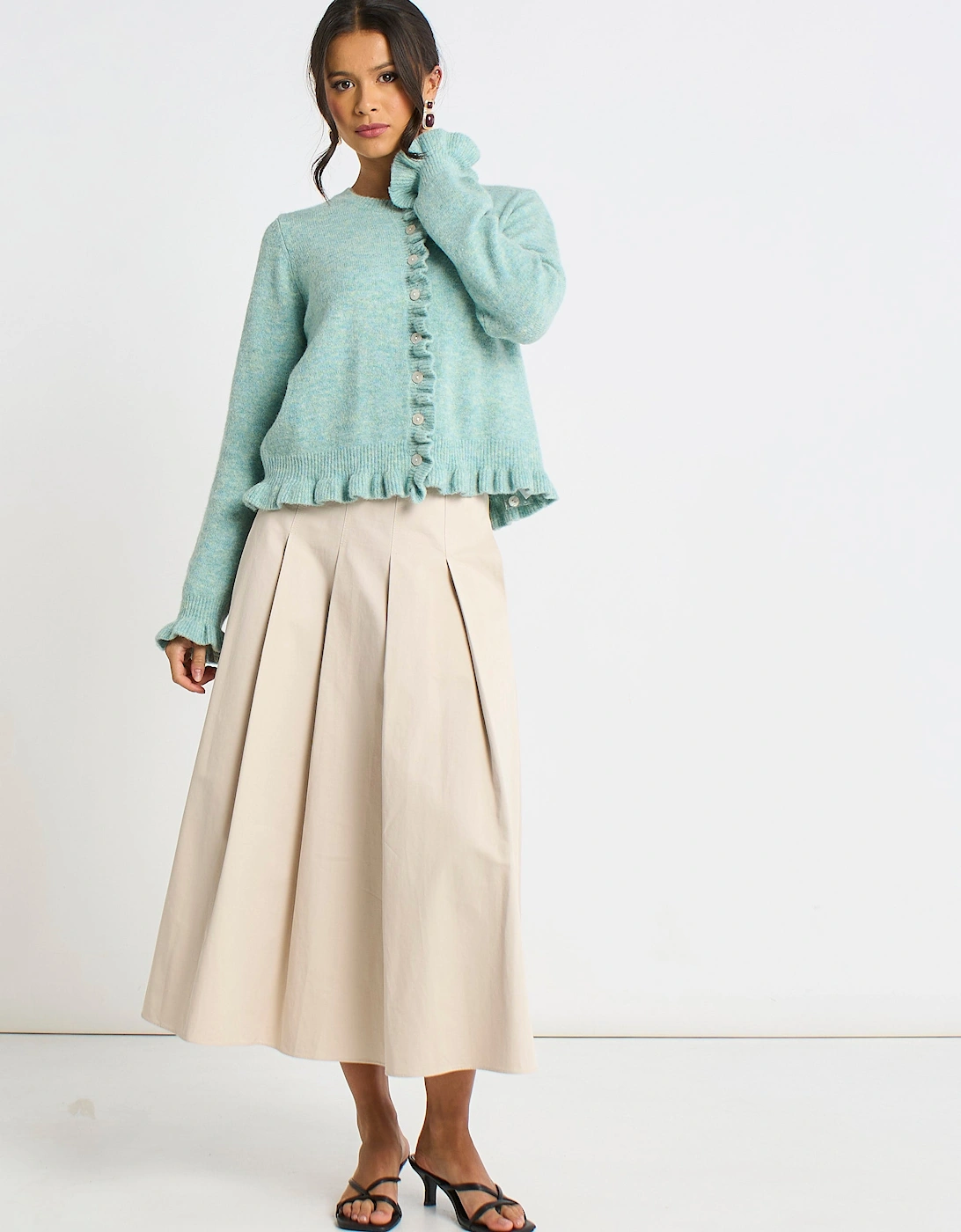 Green Long Sleeve Ruffle Front Cardigan