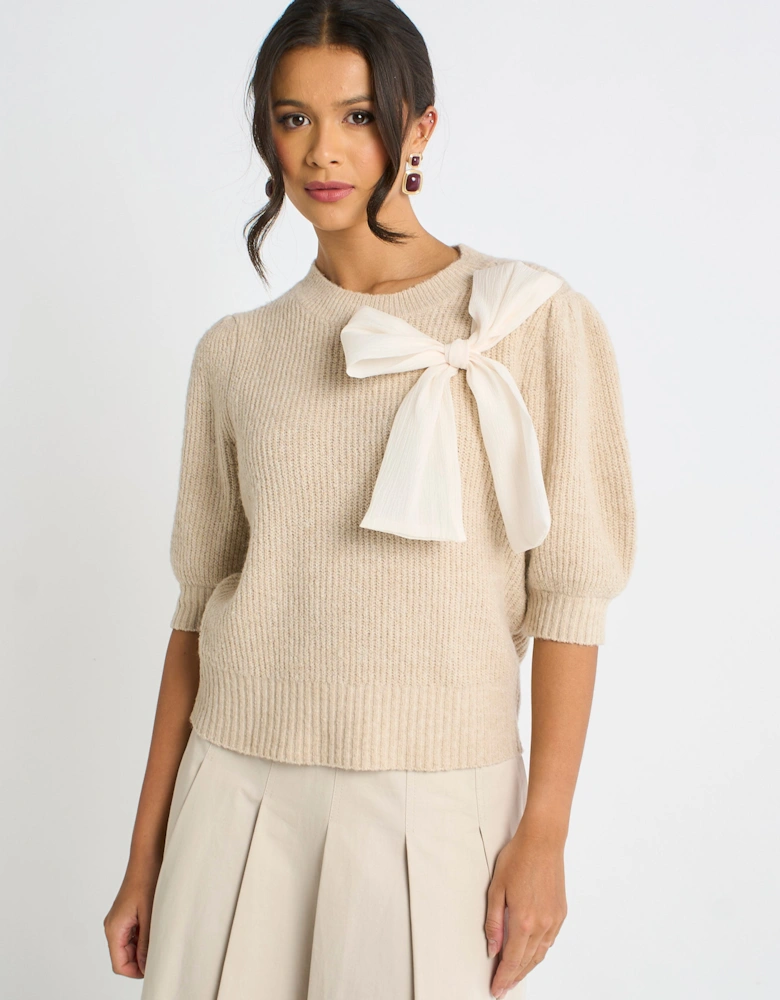 Mocha Chiffon Bow Knitted Jumper