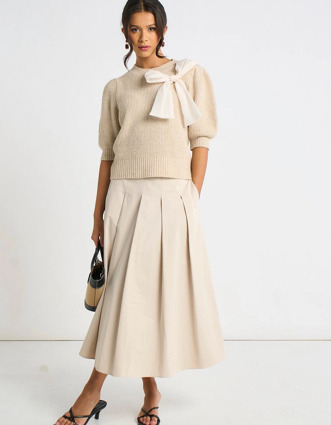 Mocha Chiffon Bow Knitted Jumper