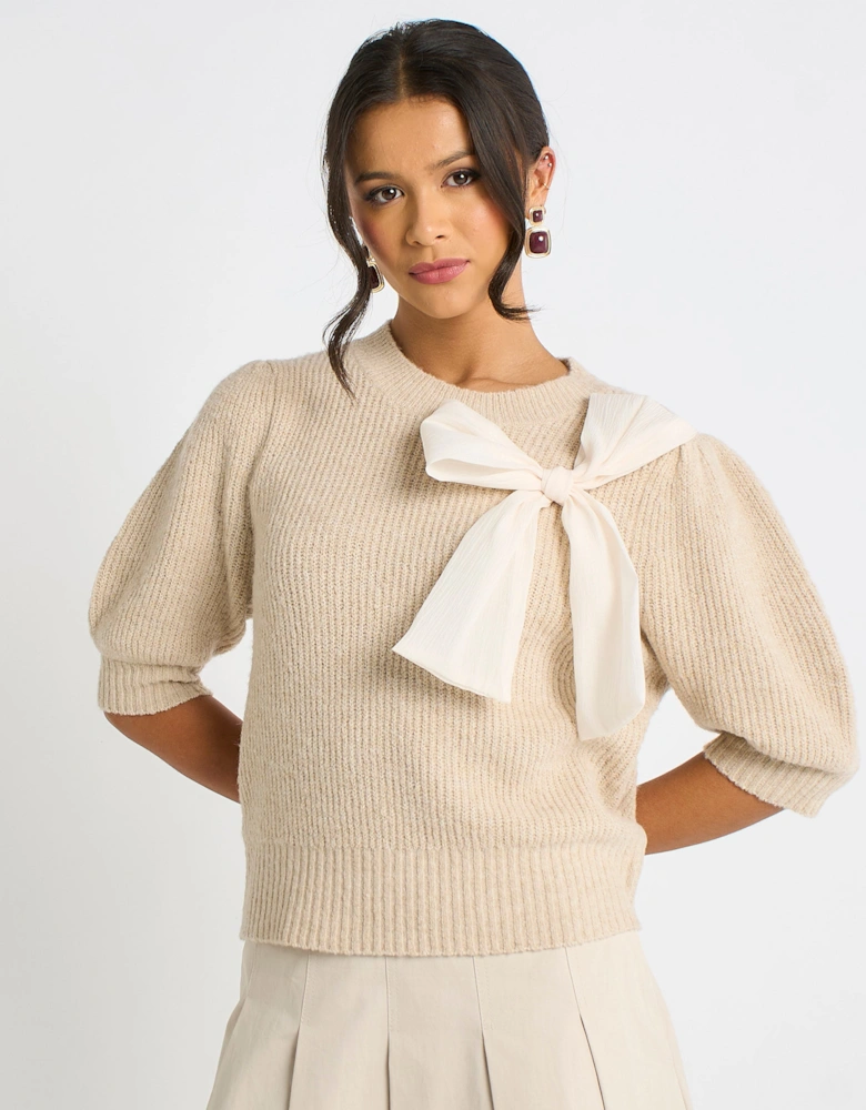 Mocha Chiffon Bow Knitted Jumper