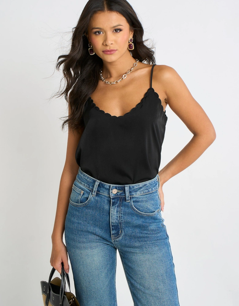Black Scallop Trim Satin Cami Top