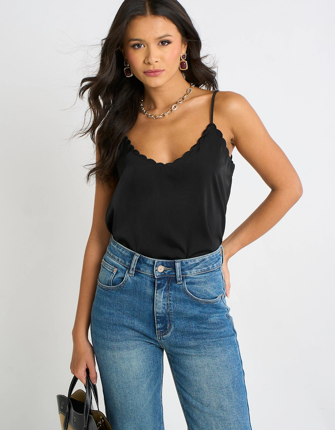 Black Scallop Trim Satin Cami Top, 5 of 4