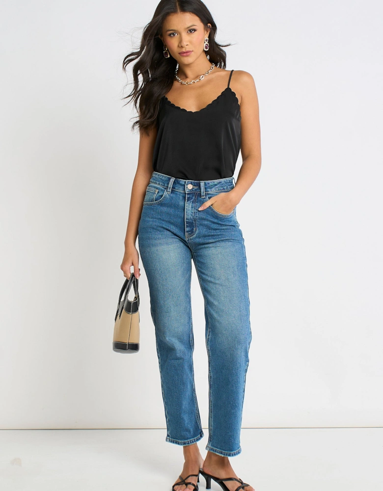 Black Scallop Trim Satin Cami Top