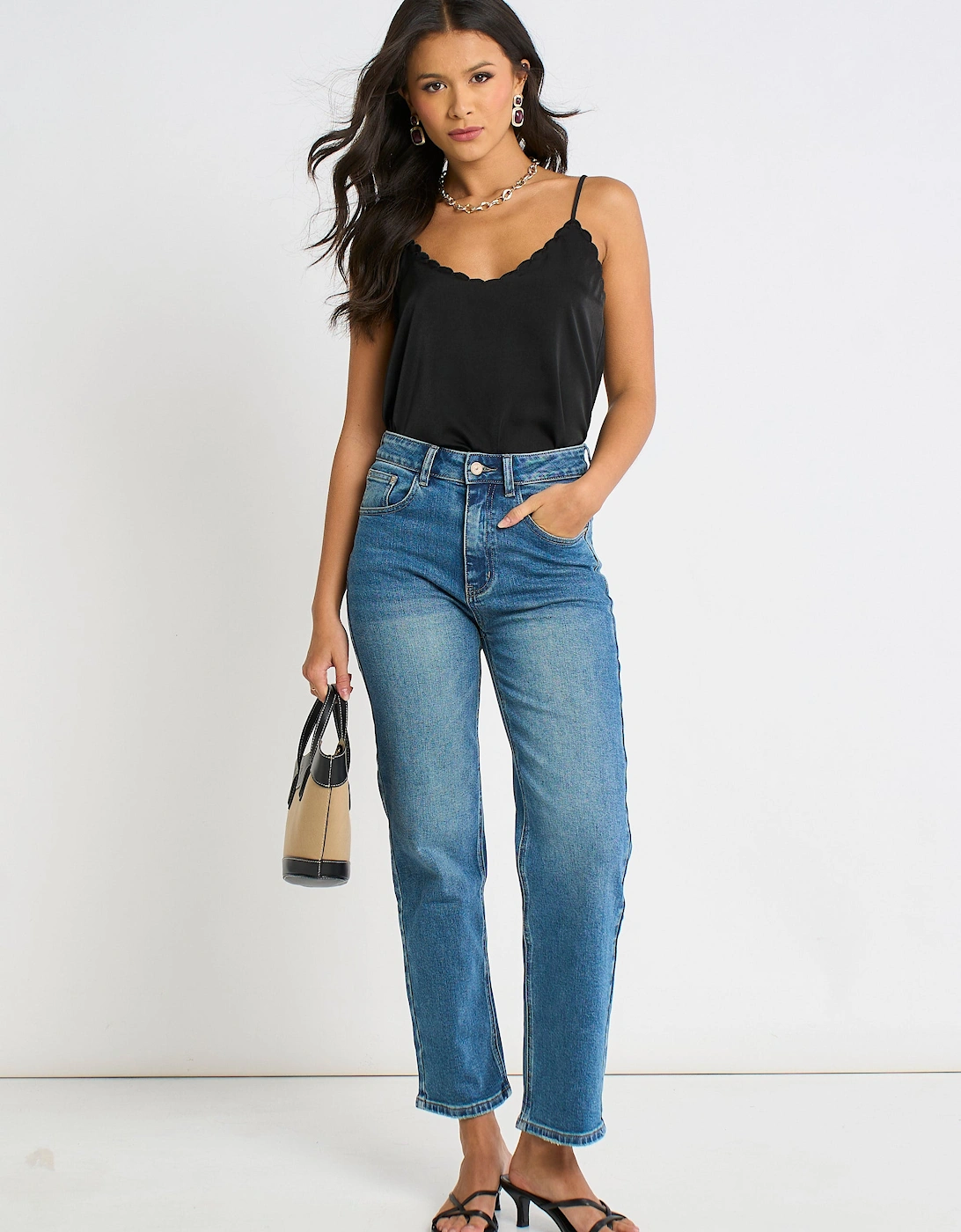 Black Scallop Trim Satin Cami Top