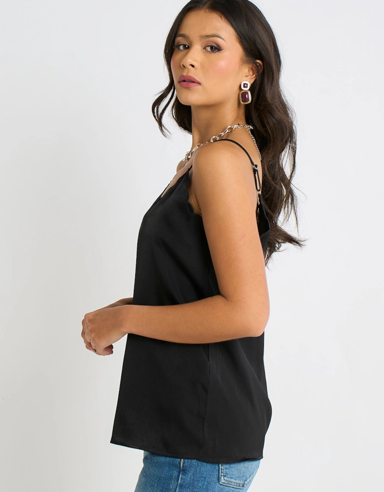 Black Scallop Trim Satin Cami Top