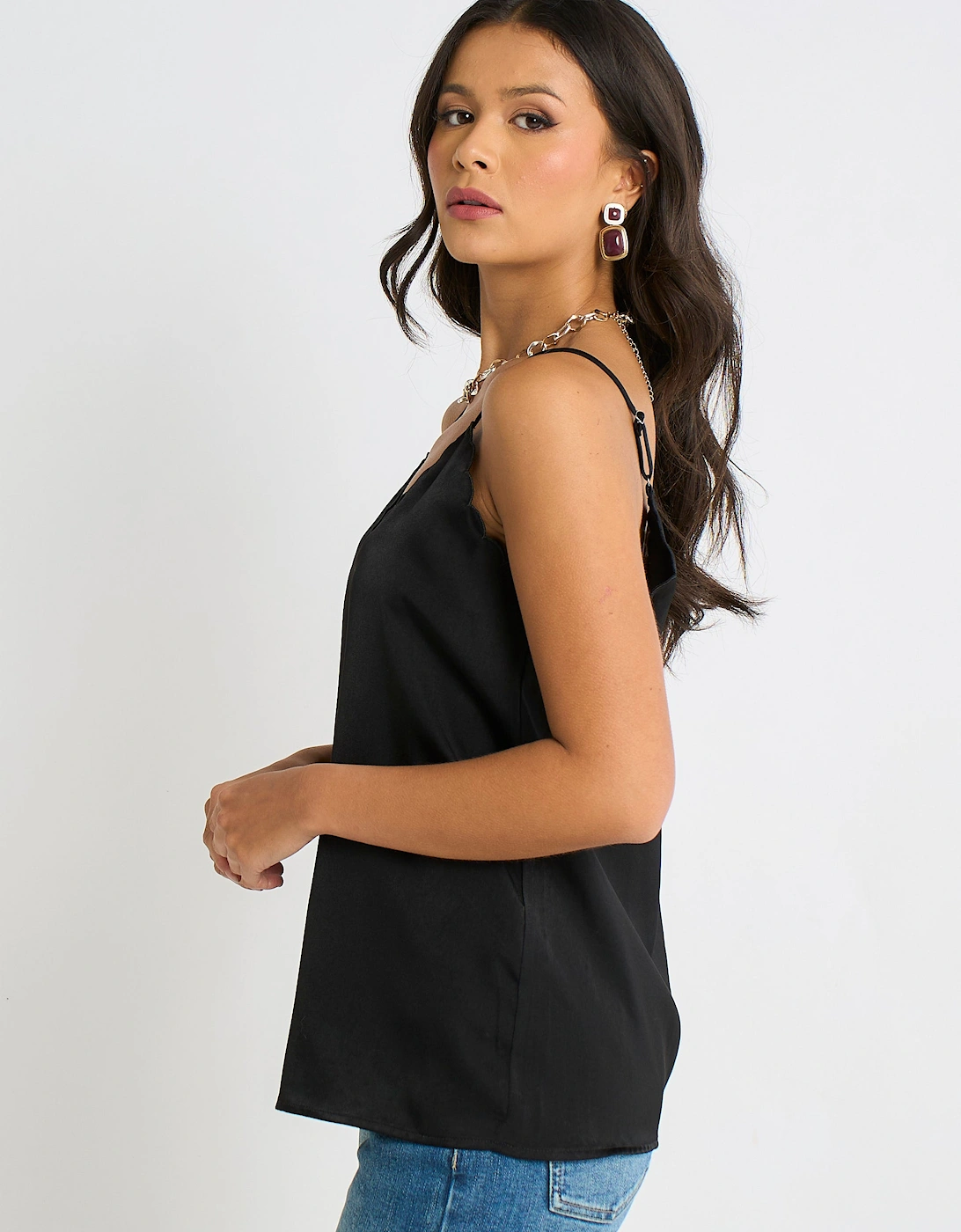 Black Scallop Trim Satin Cami Top