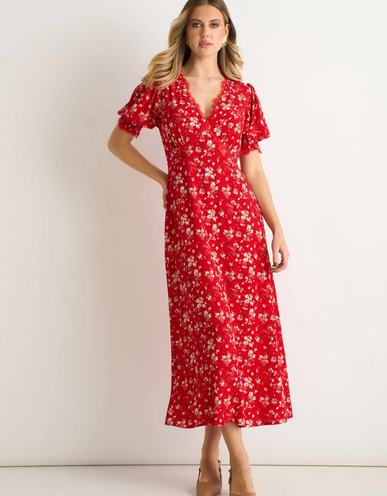 Red Viscose Lace Trim Midi Dress