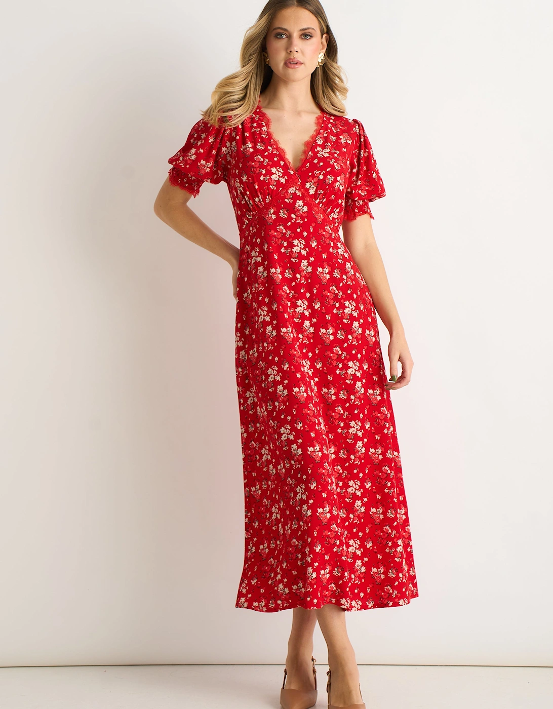 Red Viscose Lace Trim Midi Dress, 5 of 4