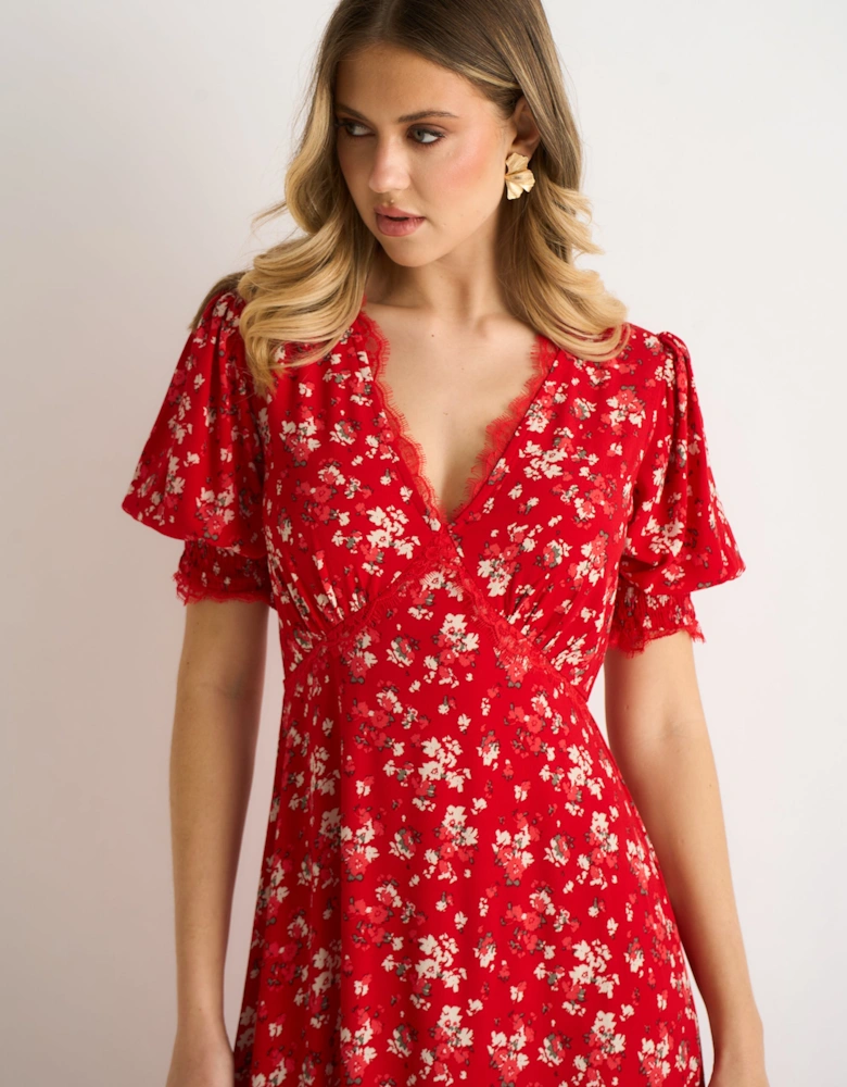 Red Viscose Lace Trim Midi Dress