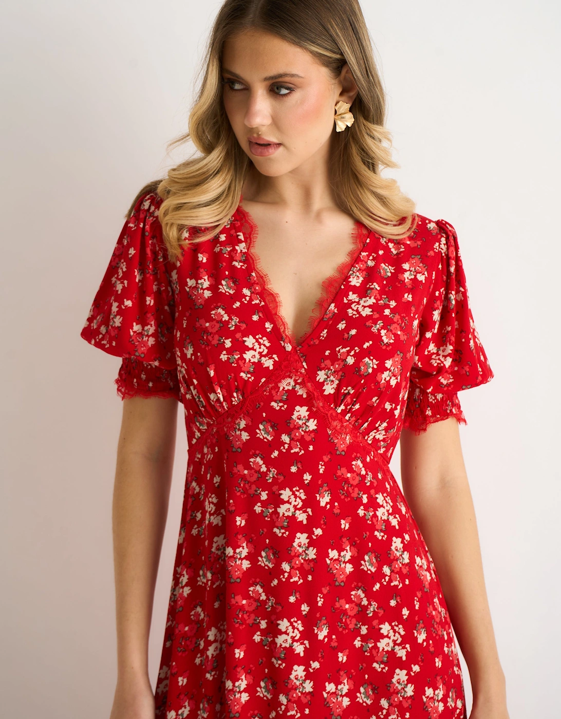 Red Viscose Lace Trim Midi Dress