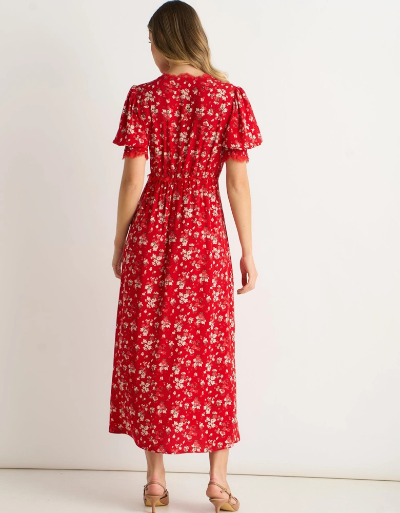 Red Viscose Lace Trim Midi Dress