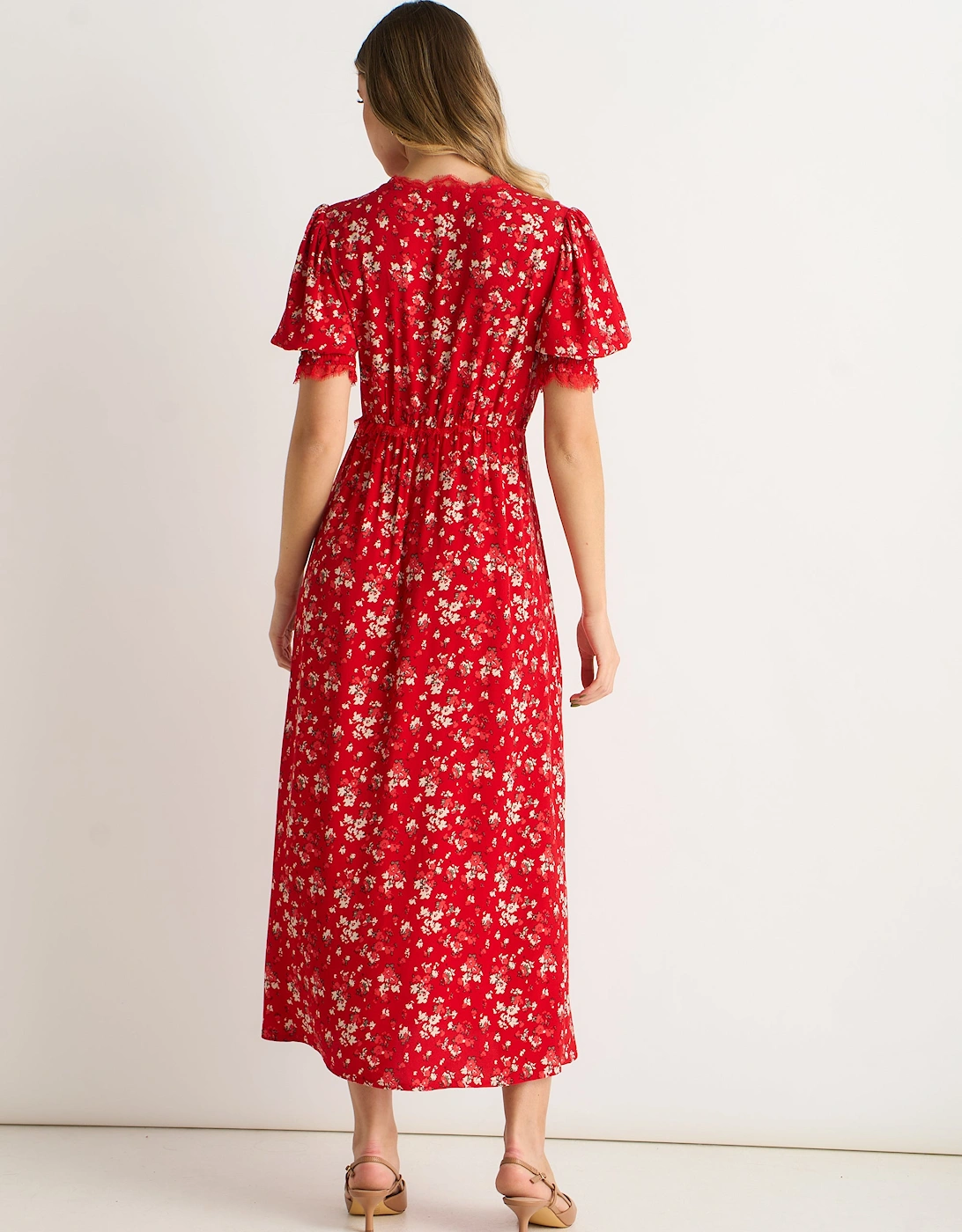 Red Viscose Lace Trim Midi Dress