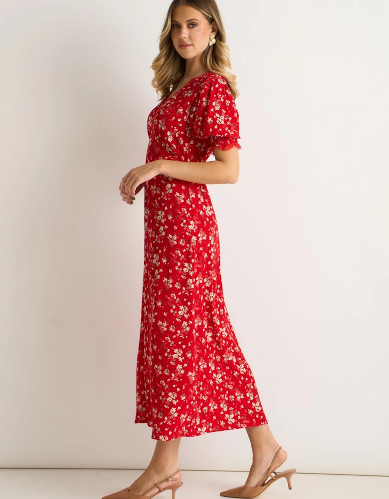 Red Viscose Lace Trim Midi Dress
