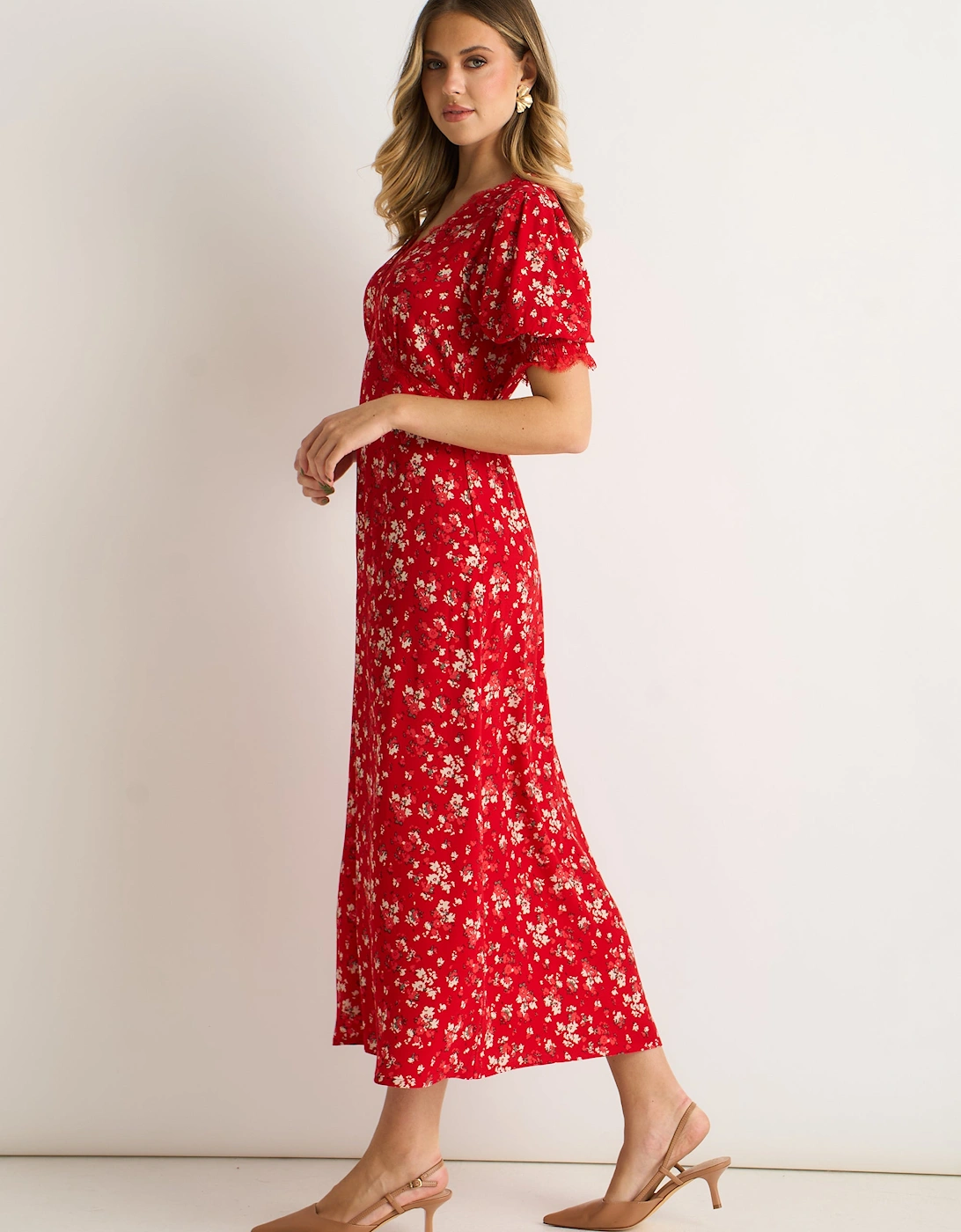Red Viscose Lace Trim Midi Dress