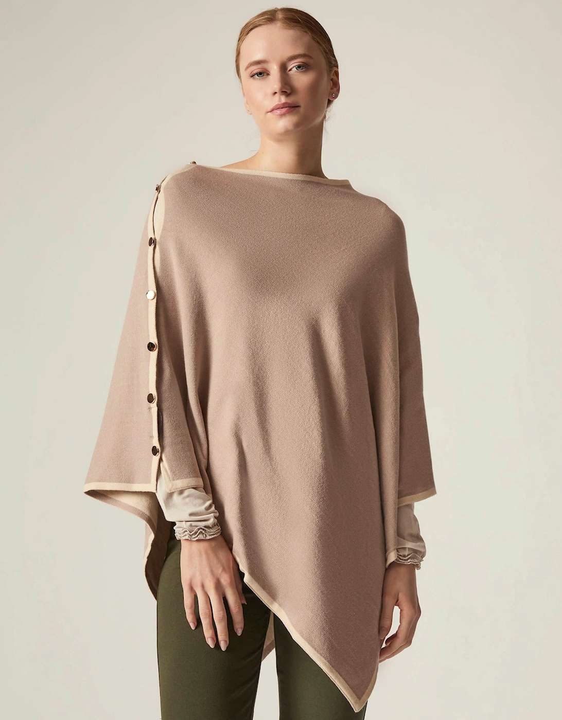 Button Detail Beige Poncho Top