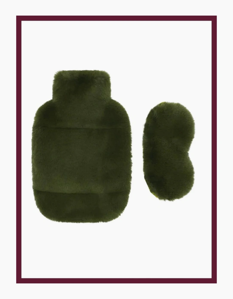 FAUX FUR HOT WATER BOTTLE AND EYE MASK SET IN OLIVE