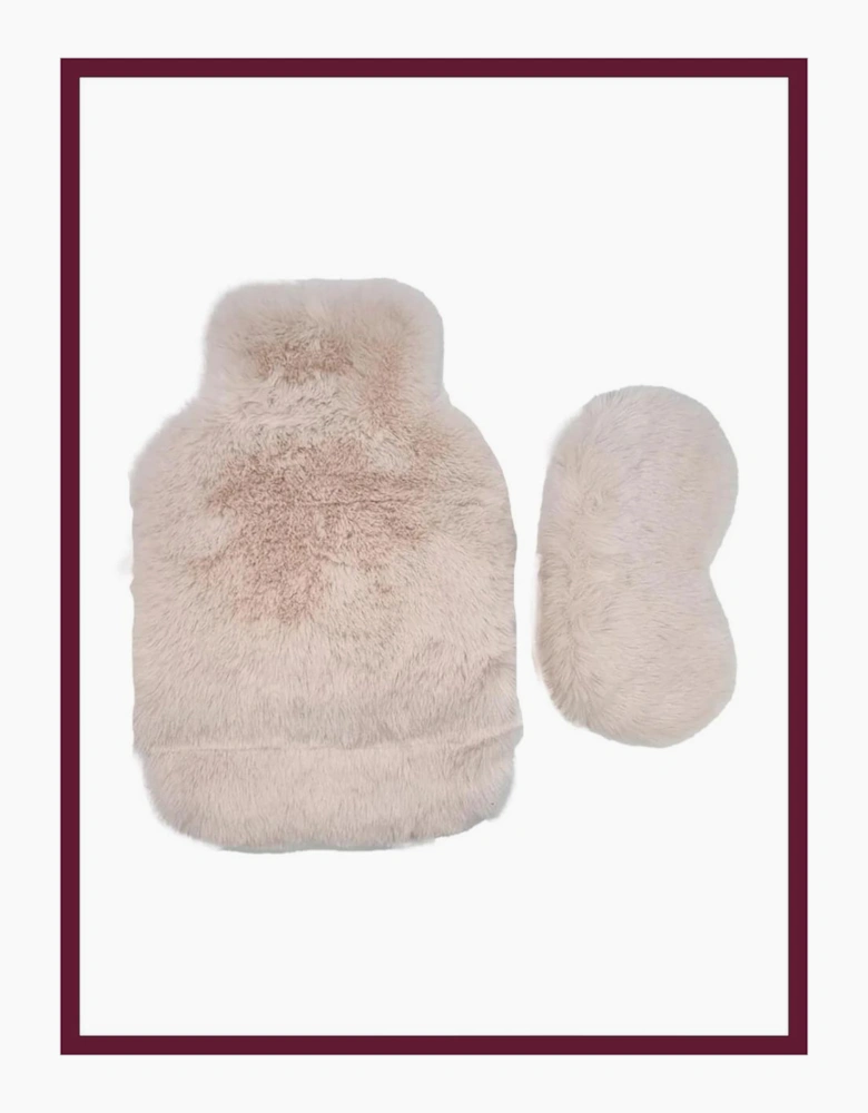 Faux Fur Hot Water Bottle and Eye Mask Set In Cream