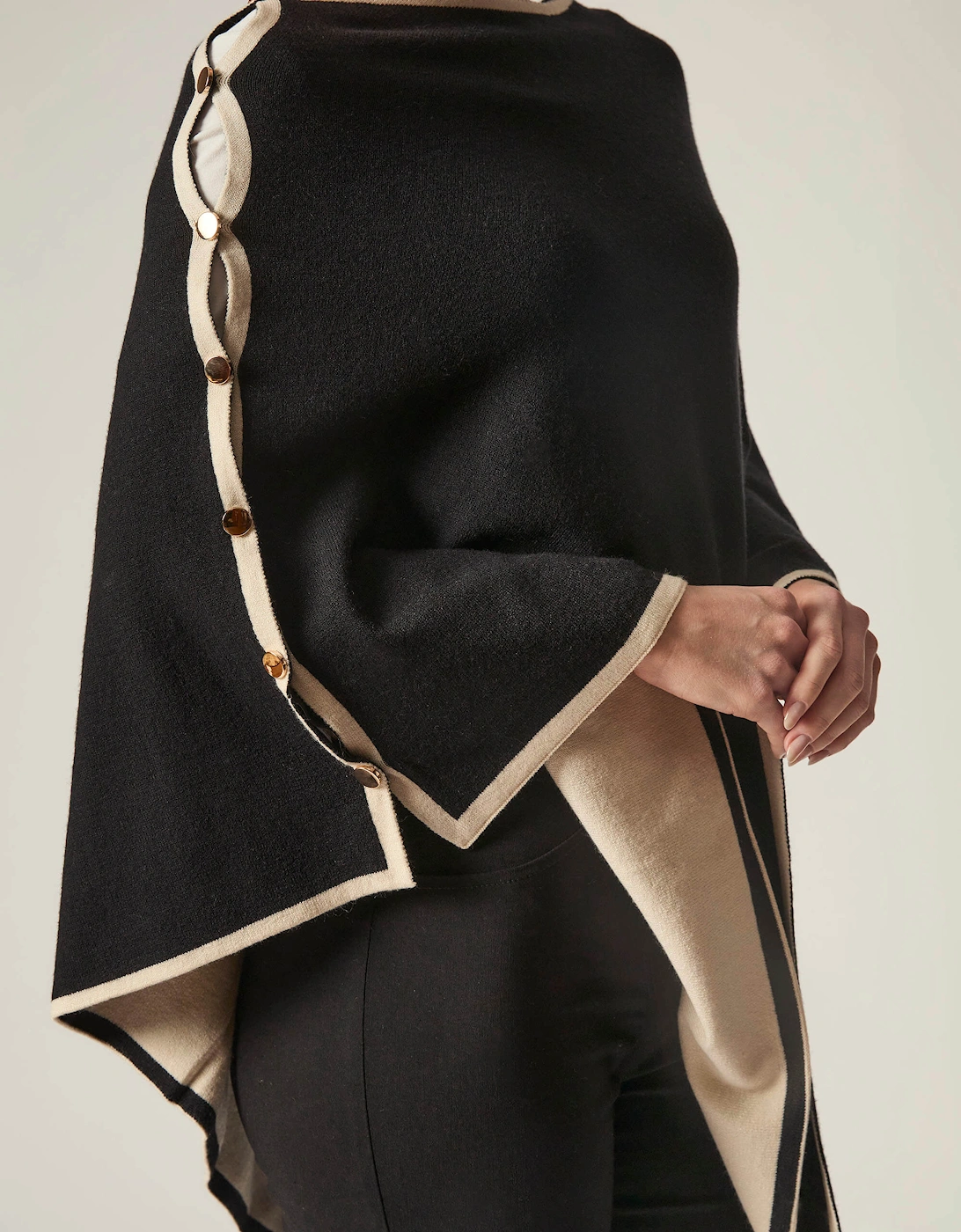 Button Detail Black Poncho Top