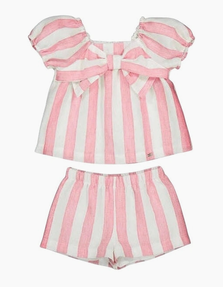 Girls Pink Linen Striped Bow Short Set