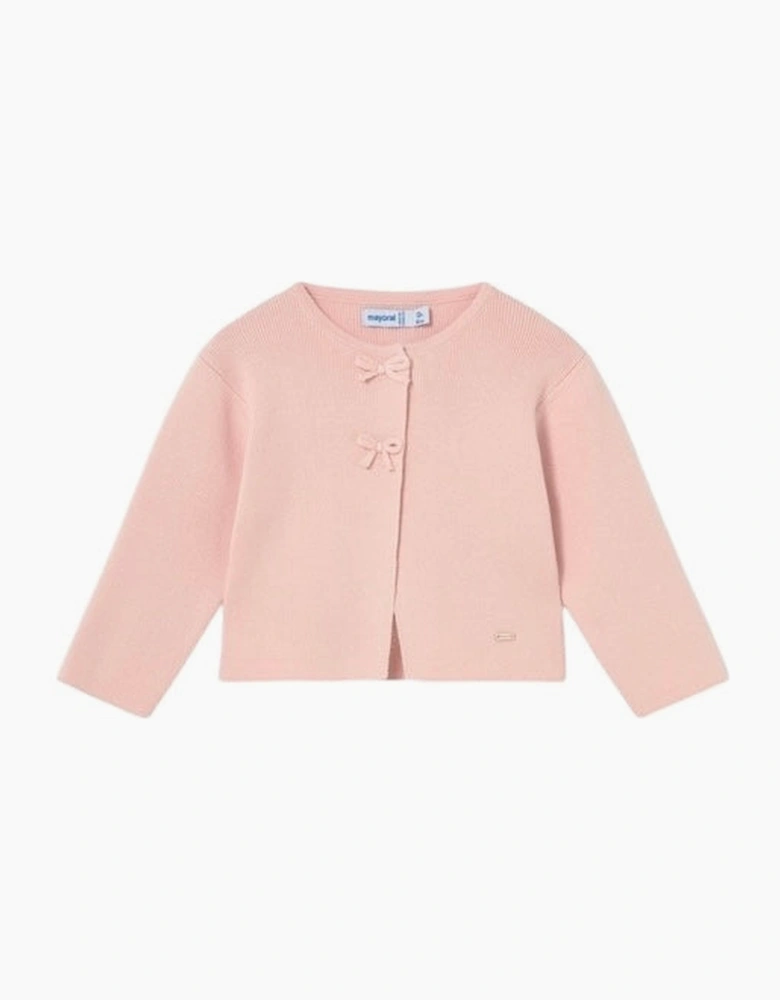 Girls Blush Pink Ribbed Bow Cardigan