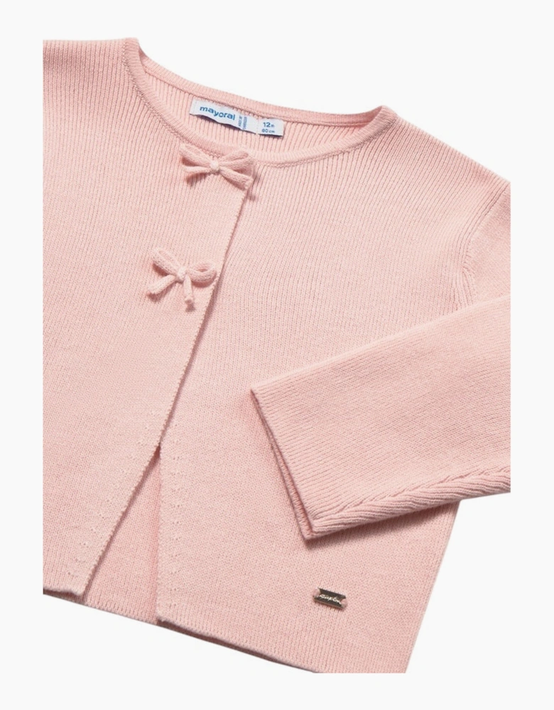Girls Blush Pink Ribbed Bow Cardigan