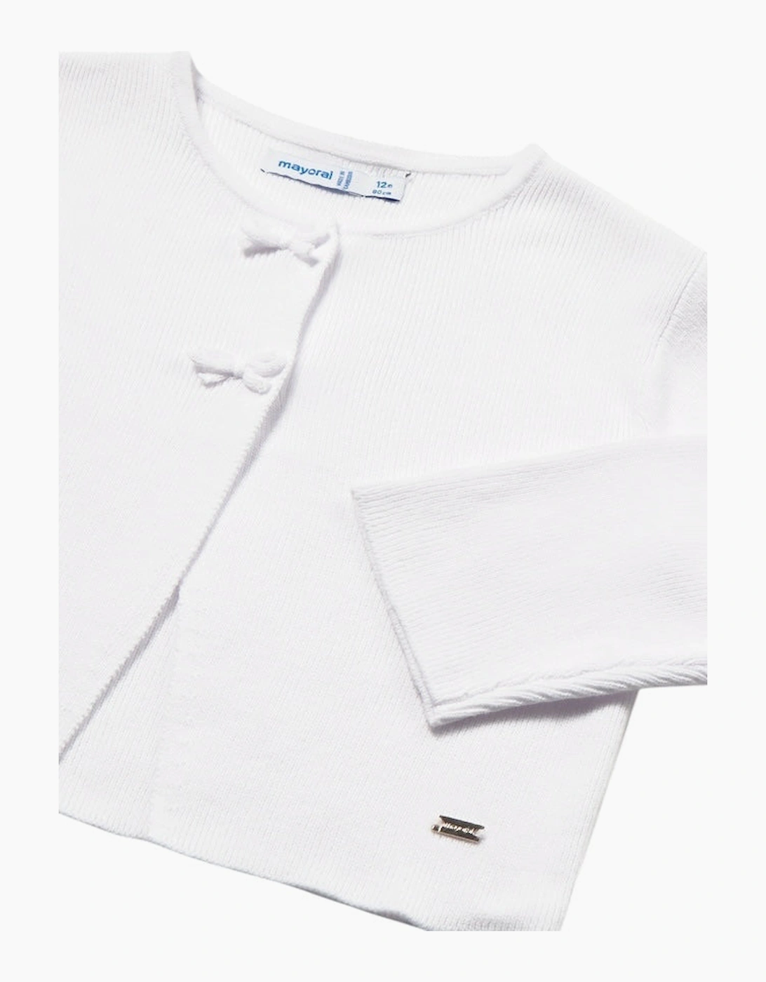 Girls White Ribbed Bow Cardigan