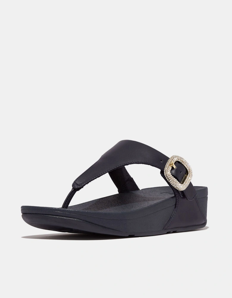 Lulu Crystal-Buckle Leather Toe-Post Sandals