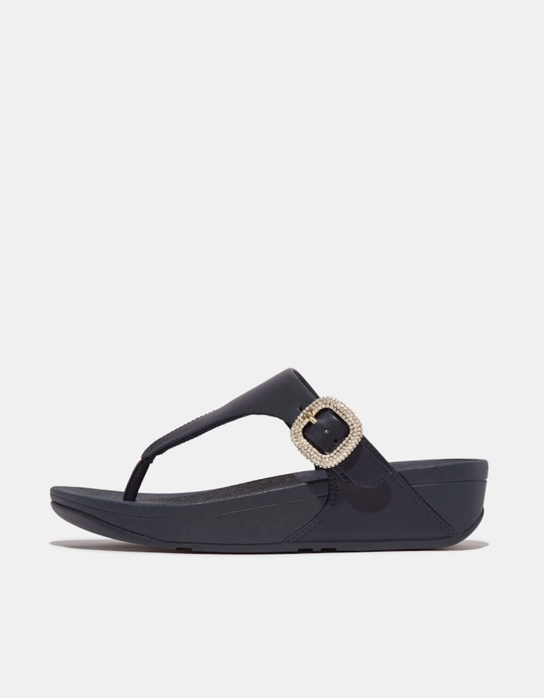 Lulu Crystal-Buckle Leather Toe-Post Sandals