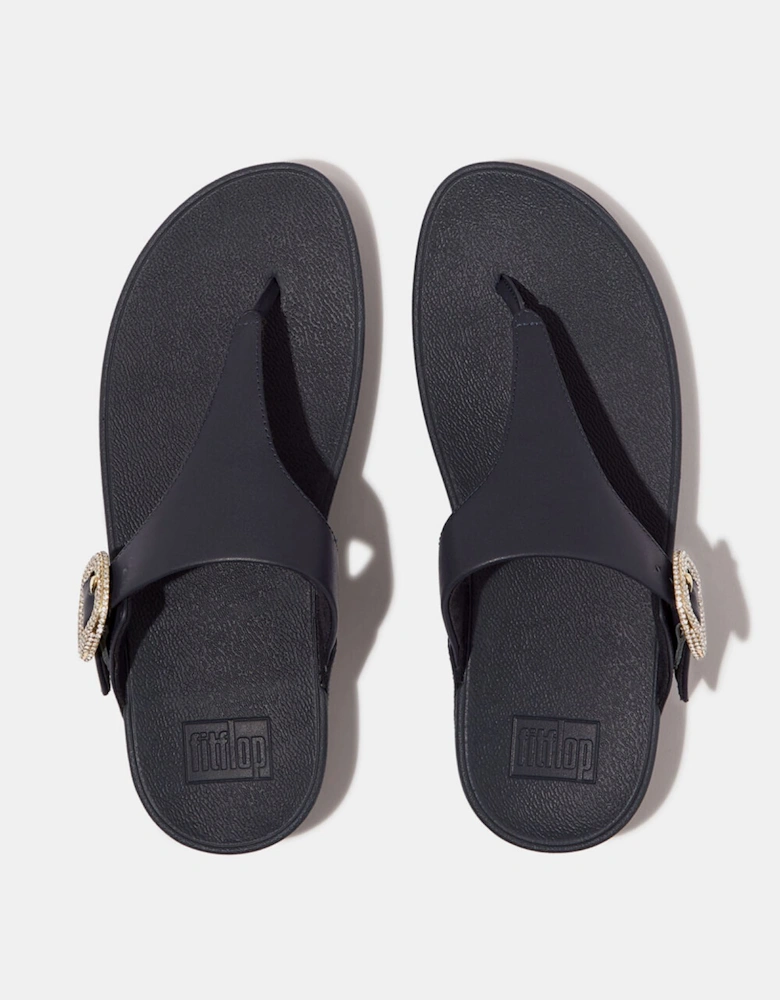 Lulu Crystal-Buckle Leather Toe-Post Sandals