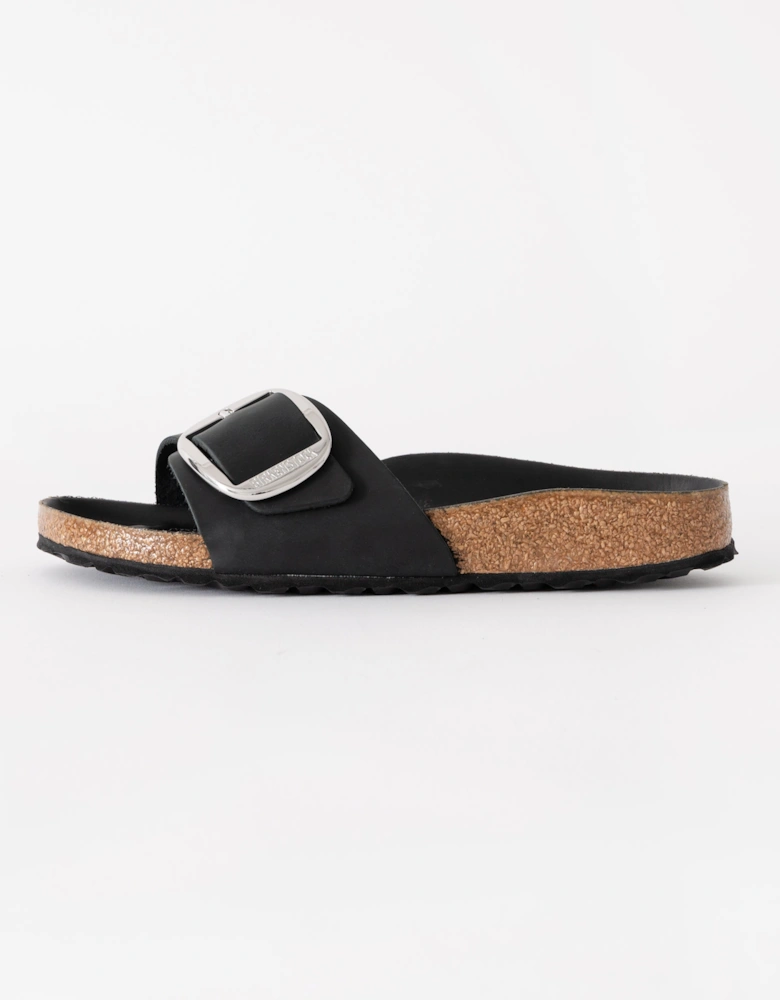 Big Buckle Oiled Leather Womens Sandals - Black