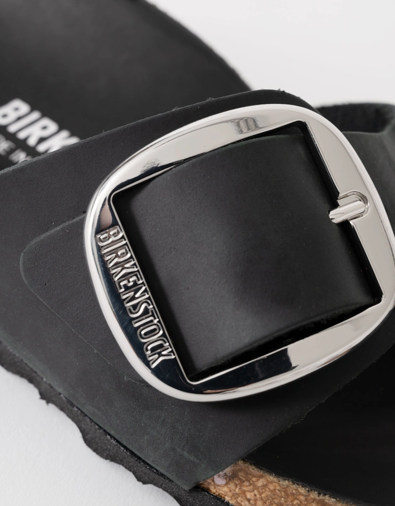 Big Buckle Oiled Leather Womens Sandals - Black