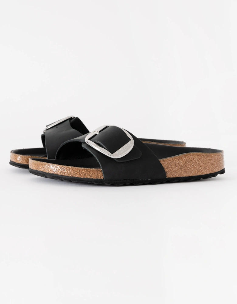 Big Buckle Oiled Leather Womens Sandals - Black