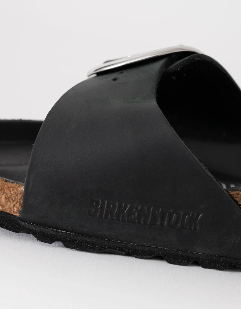 Big Buckle Oiled Leather Womens Sandals - Black