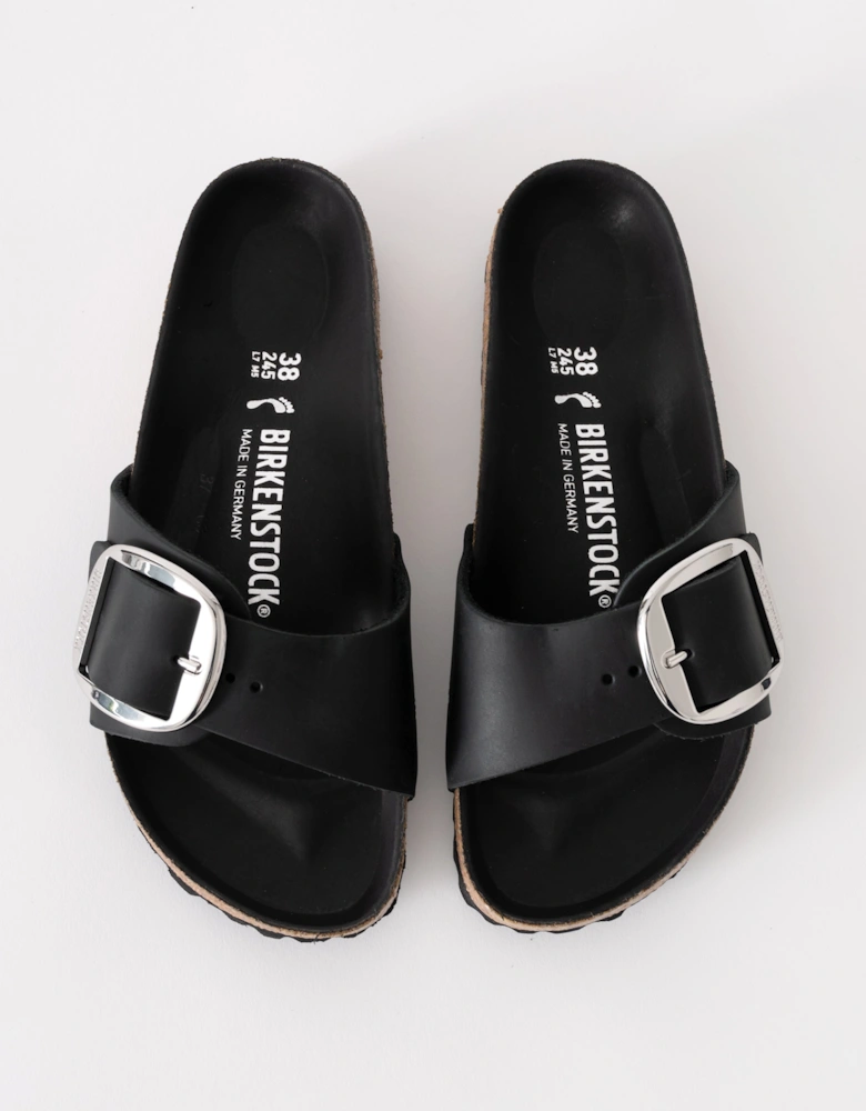 Big Buckle Oiled Leather Womens Sandals - Black