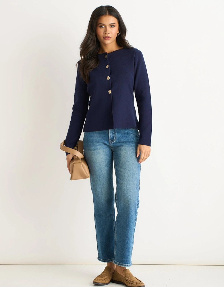Navy Button Front Compact Knit Cardigan
